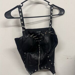 Dolls Kill Black Faux Leather Studded Spike Corset Tank